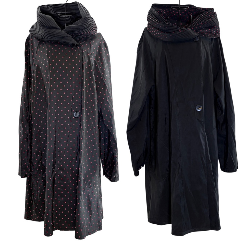Mycra Pac Now Reversible Black and Red Polka Dot Trench Coat, Size M/L